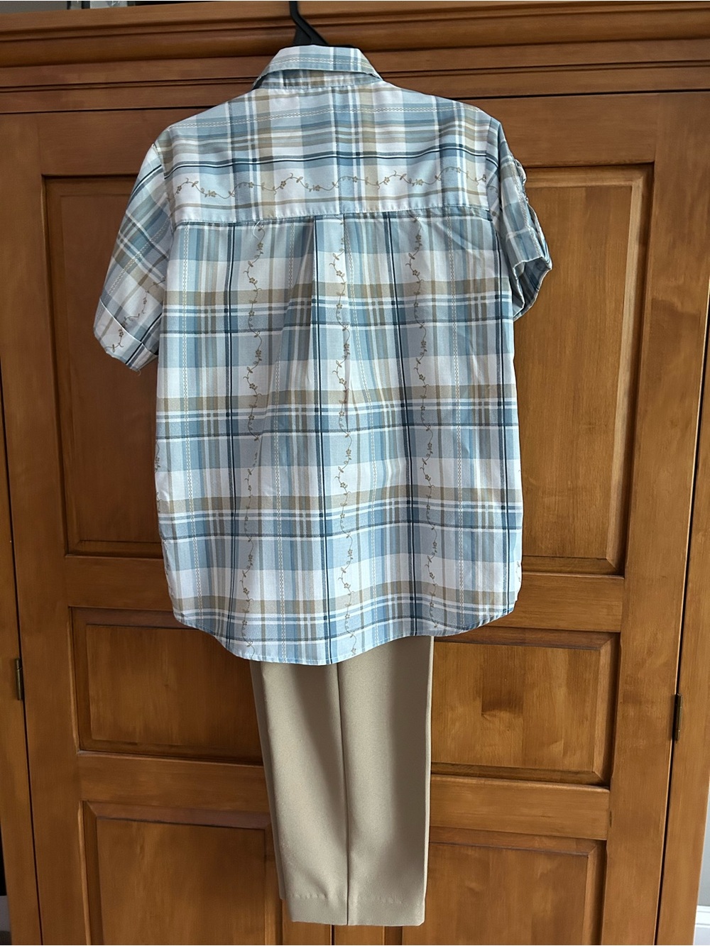 Casual Short-Sleeve Plaid Shirt in Light Blue and Tan with Tan Pants - Picture 2 of 10